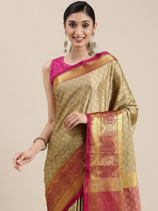 Villagius Jaccard Jaccard Embellished Zari Work Partywear Cotton Silk Beige Colour Kgf_Chiku Saree