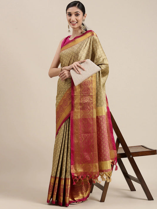 Villagius Jaccard Jaccard Embellished Zari Work Partywear Cotton Silk Beige Colour Kgf_Chiku Saree