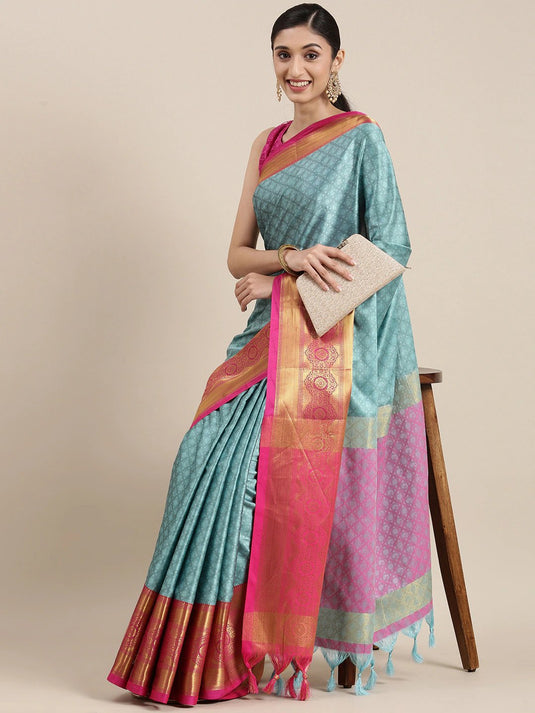 Villagius Jaccard Jaccard Embellished Zari Work Partywear Cotton Silk Turquoise Colour Kgf_Firozi Saree