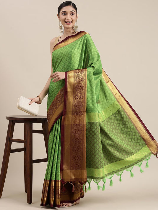 Villagius Jaccard Jaccard Embellished Zari Work Partywear Cotton Silk Parrot Colour Kgf_Parrot Saree