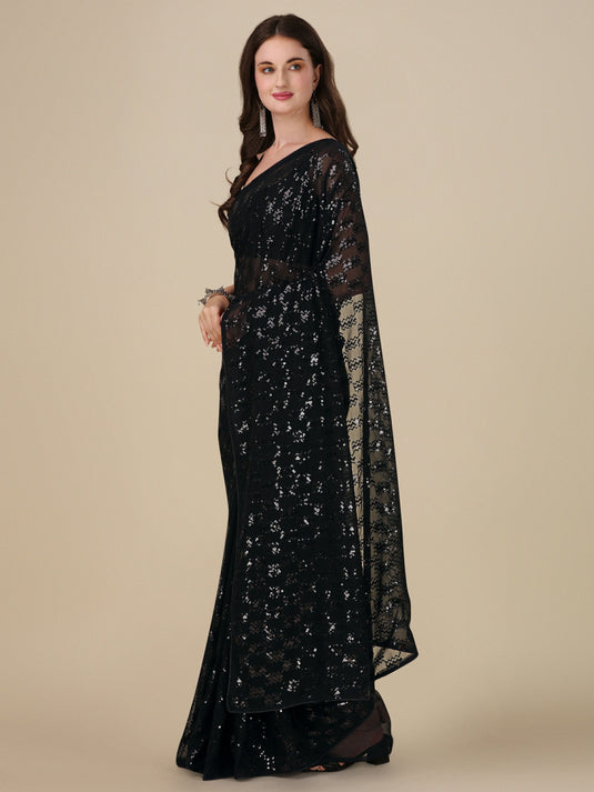 Villagius Sequence Embroidery Partywear Georgette Black Color KITKAT_BLACK Saree