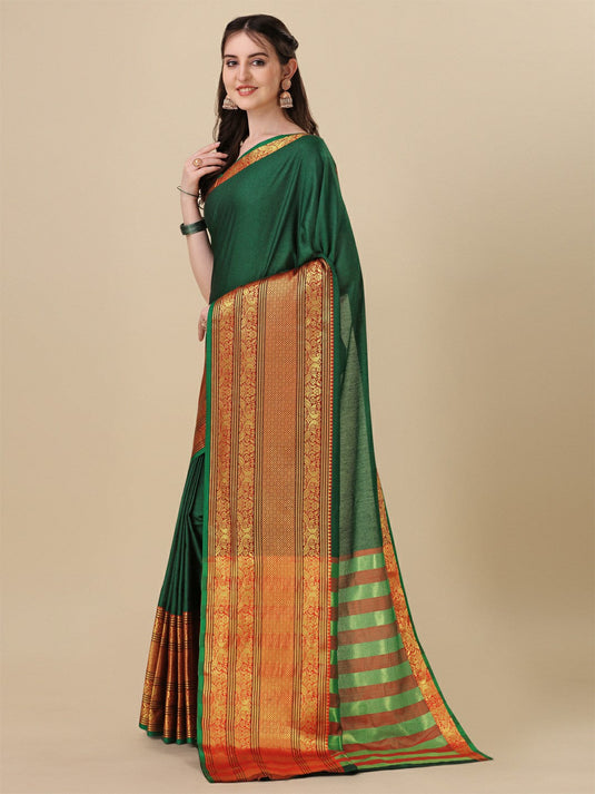 Villagius Woven Zari Border Everyday Cotton Silk Green Color LAXMI1_GREEN Saree