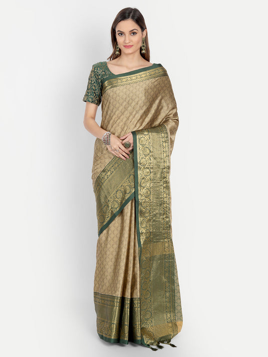 Villagius Jaccard Jaccard Embellished Zari Work Partywear Cotton Silk Beige Colour Malisha_Chikugreen Saree