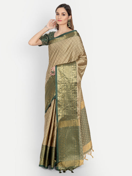 Villagius Jaccard Jaccard Embellished Zari Work Partywear Cotton Silk Beige Colour Malisha_Chikugreen Saree