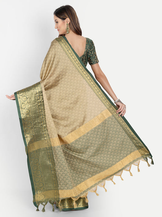 Villagius Jaccard Jaccard Embellished Zari Work Partywear Cotton Silk Beige Colour Malisha_Chikugreen Saree