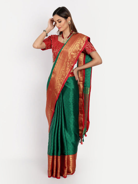 Villagius Jaccard Jaccard Embellished Zari Work Partywear Cotton Silk Green Colour Malisha_Green Saree