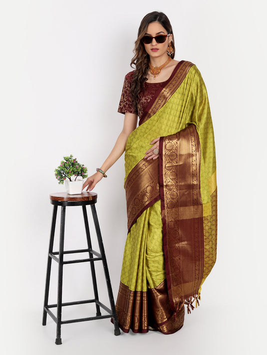 Villagius Jaccard Jaccard Embellished Zari Work Partywear Cotton Silk Lime Colour Malisha_Lemon Saree