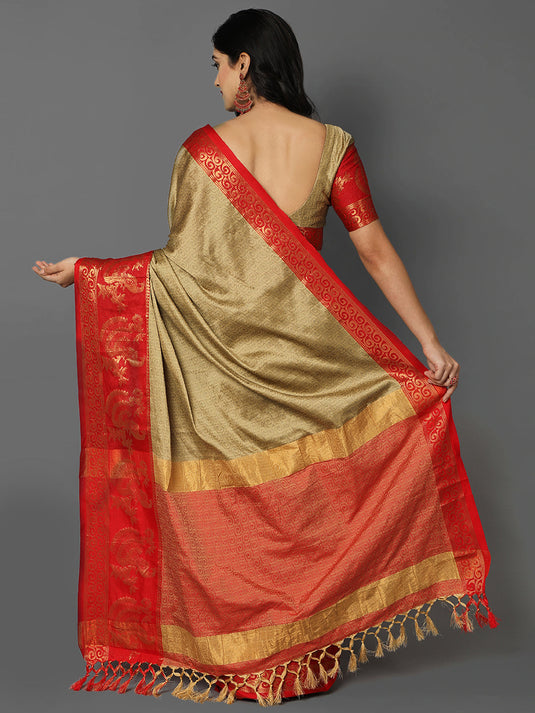 Villagius Jaccard Jaccard Embellished Zari Work Partywear Cotton Silk Beige Colour Minamore_Chiku Saree