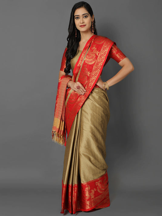 Villagius Jaccard Jaccard Embellished Zari Work Partywear Cotton Silk Beige Colour Minamore_Chiku Saree