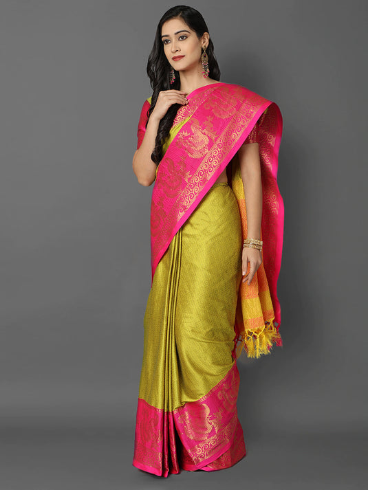 Villagius Jaccard Jaccard Embellished Zari Work Partywear Cotton Silk Lime Colour Minamore_Lime Saree