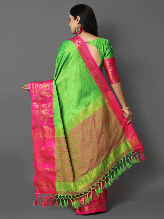 Villagius Jaccard Jaccard Embellished Zari Work Partywear Cotton Silk Parrot Colour Minamore_Parrot Saree