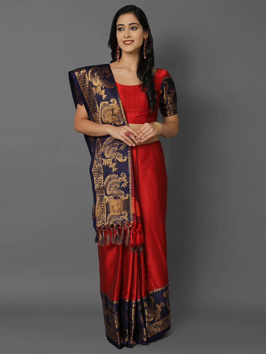 Villagius Jaccard Jaccard Embellished Zari Work Partywear Cotton Silk Red Colour Minamore_Red Saree