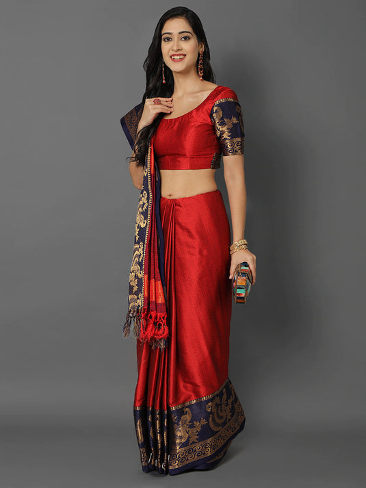 Villagius Jaccard Jaccard Embellished Zari Work Partywear Cotton Silk Red Colour Minamore_Red Saree