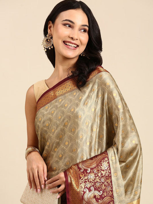 Villagius Jaccard Jaccard Embellished Zari Work Partywear Cotton Silk Beige Colour Minoo_Chiku Saree