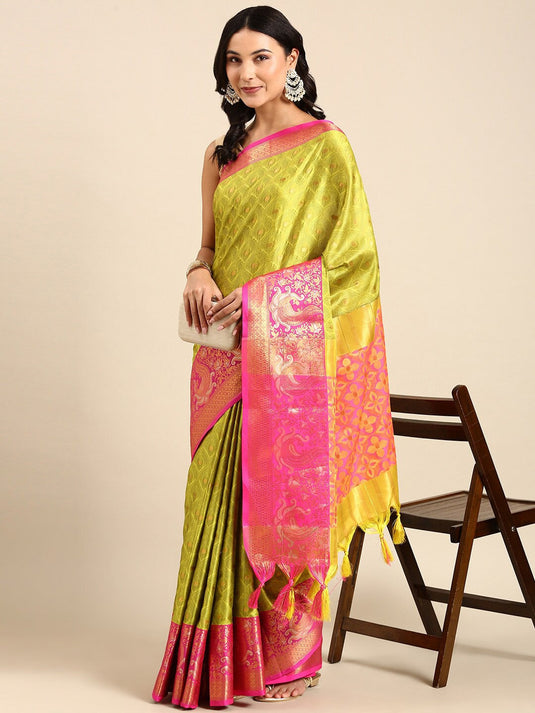 Villagius Jaccard Jaccard Embellished Zari Work Partywear Cotton Silk Lime Colour Minoo_Lemon Saree