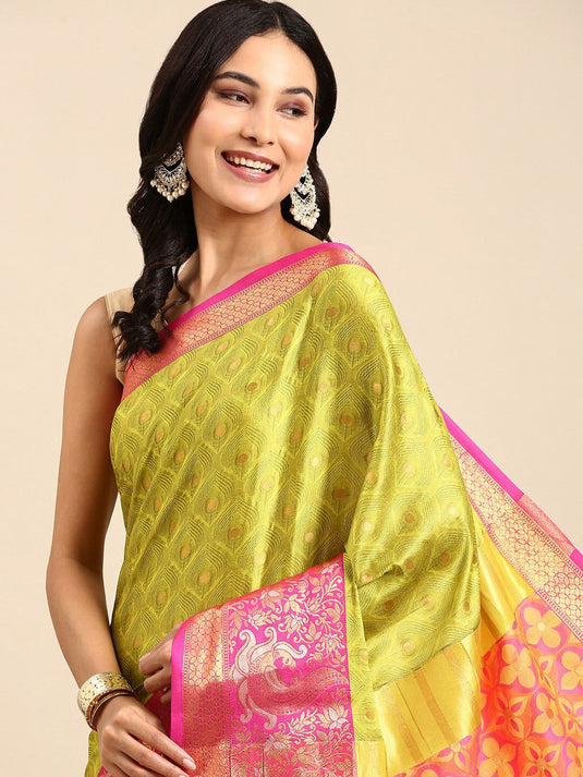 Villagius Jaccard Jaccard Embellished Zari Work Designer Cotton Silk Lime Colour Mino_Lemon Saree