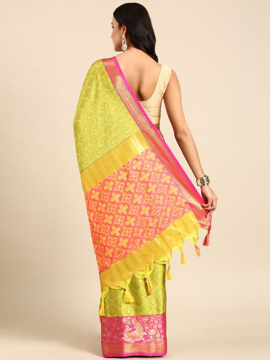 Villagius Jaccard Jaccard Embellished Zari Work Designer Cotton Silk Lime Colour Mino_Lemon Saree