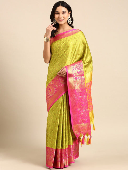 Villagius Jaccard Jaccard Embellished Zari Work Designer Cotton Silk Lime Colour Mino_Lemon Saree