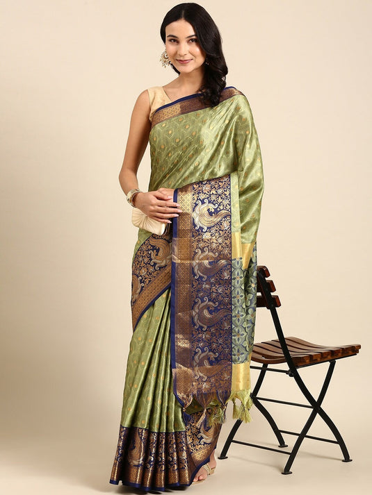 Villagius Jaccard Jaccard Embellished Zari Work Partywear Cotton Silk Olive Colour Mino_Olive Saree