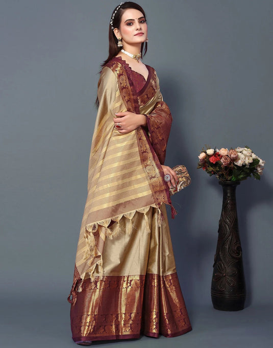 Villagius Jaccard Jaccard Embellished Zari Work Partywear Cotton Silk Beige Colour Narpattu_Chikumaroon Saree