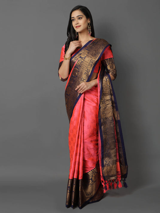 Villagius Jaccard Jaccard Embellished Zari Work Partywear Cotton Silk Gajari Colour Pankhudi_Gajari Saree