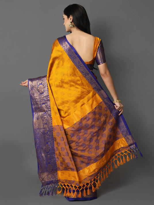 Villagius Jaccard Jaccard Embellished Zari Work Partywear Cotton Silk Gold Colour Pankhudi_Goldblue Saree