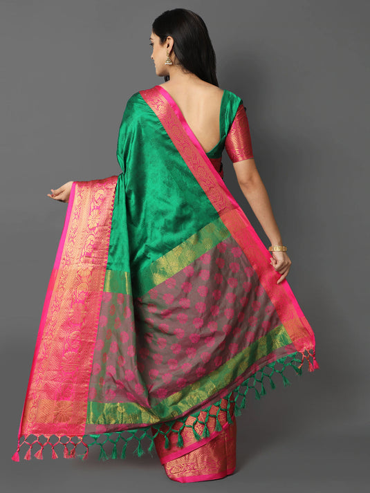 Villagius Jaccard Jaccard Embellished Zari Work Partywear Cotton Silk Green Colour Pankhudi_Green Saree