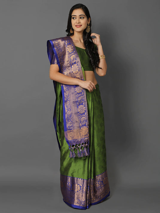 Villagius Jaccard Jaccard Embellished Zari Work Partywear Cotton Silk Mahendi Colour Pankhudi_Mahedni Saree
