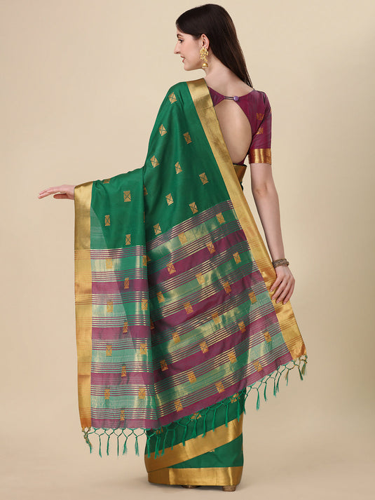 Villagius Jaccard Jaccard Embellished Zari Work Partywear Cotton Silk Green Colour Ram_Green Saree