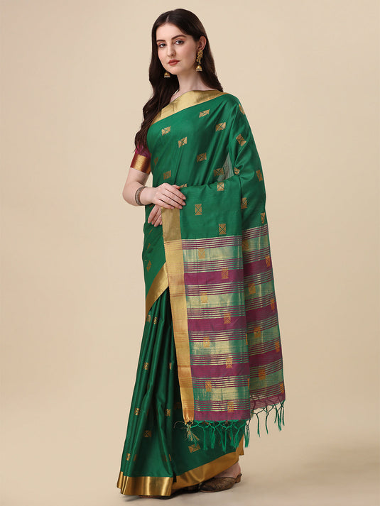 Villagius Jaccard Jaccard Embellished Zari Work Partywear Cotton Silk Green Colour Ram_Green Saree