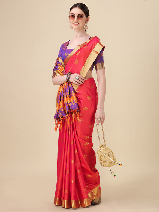 Villagius Jaccard Jaccard Embellished Zari Work Partywear Cotton Silk Red Colour Ram_Red Saree