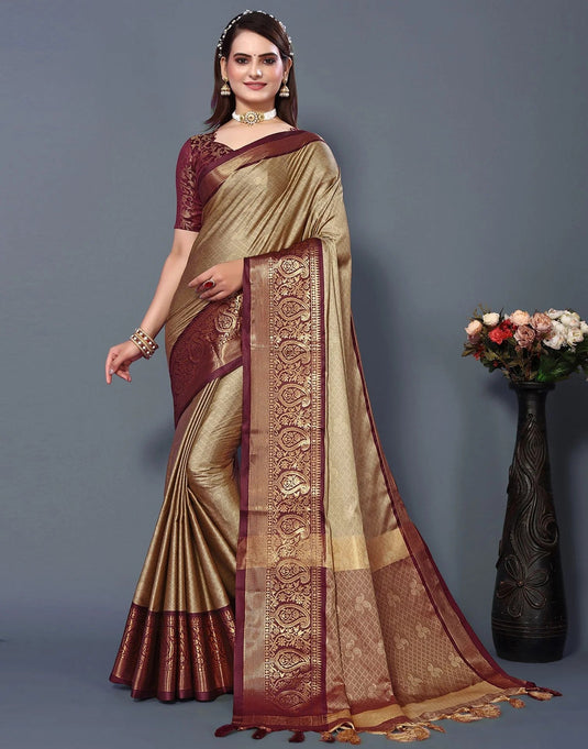 Villagius Jaccard Jaccard Embellished Zari Work Partywear Cotton Silk Beige Colour Rubina_Chikumaroon Saree