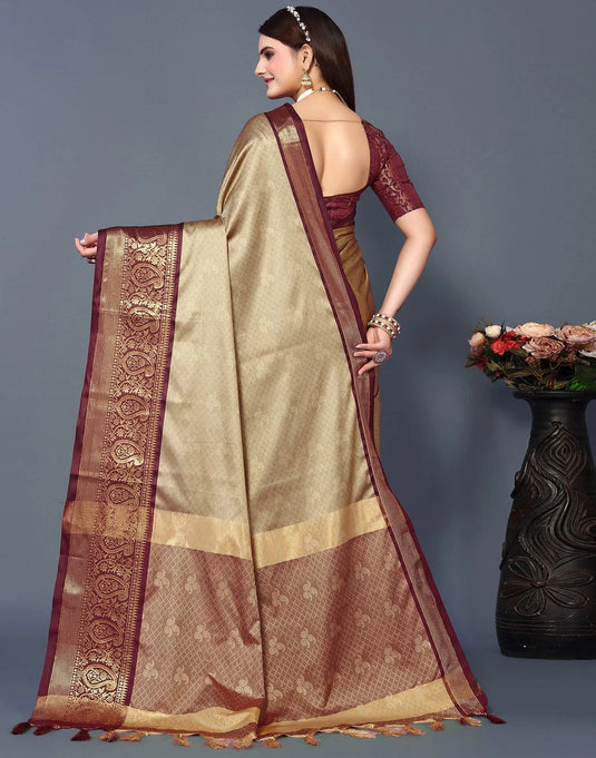 Villagius Jaccard Jaccard Embellished Zari Work Partywear Cotton Silk Beige Colour Rubina_Chikumaroon Saree