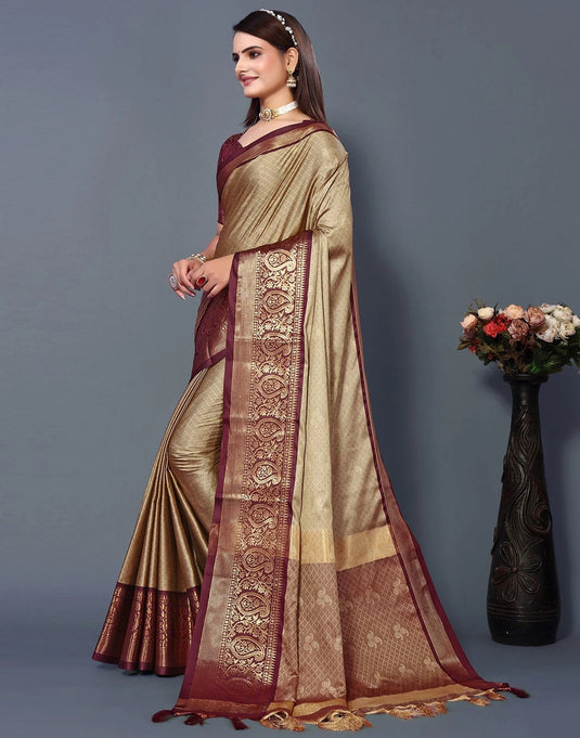 Villagius Jaccard Jaccard Embellished Zari Work Partywear Cotton Silk Beige Colour Rubina_Chikumaroon Saree