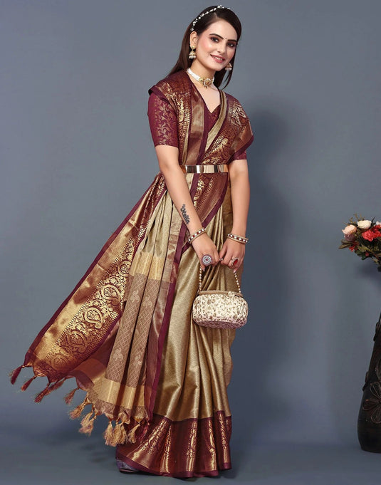 Villagius Jaccard Jaccard Embellished Zari Work Partywear Cotton Silk Beige Colour Rubina_Chikumaroon Saree