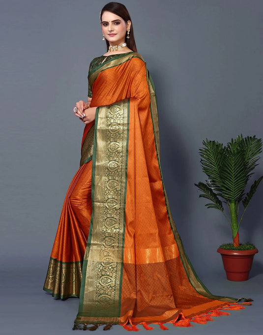 Villagius Jaccard Jaccard Embellished Zari Work Partywear Cotton Silk Orange Colour Rubina_Fantagreen Saree