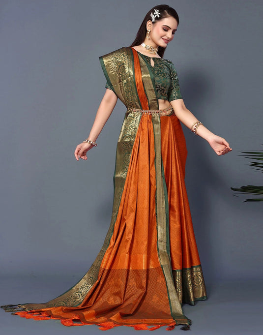 Villagius Jaccard Jaccard Embellished Zari Work Partywear Cotton Silk Orange Colour Rubina_Fantagreen Saree