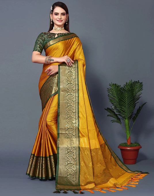 Villagius Jaccard Jaccard Embellished Zari Work Partywear Cotton Silk Gold Colour Rubina_Goldgreen Saree