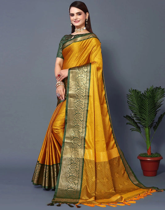 Villagius Jaccard Jaccard Embellished Zari Work Partywear Cotton Silk Gold Colour Rubina_Goldgreen Saree