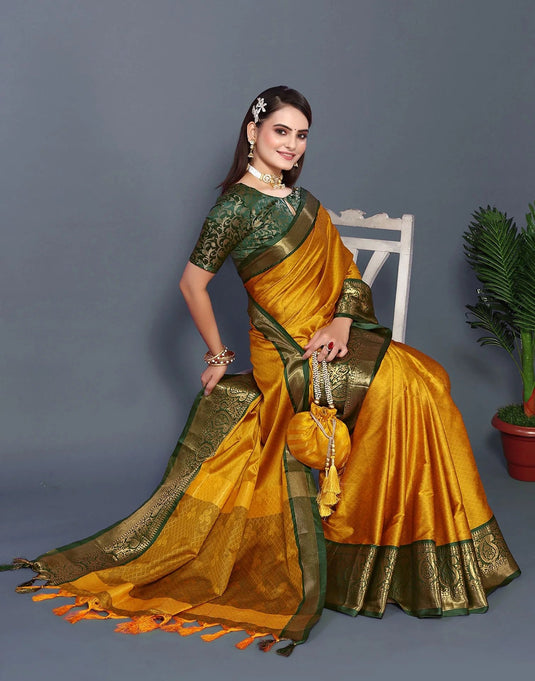 Villagius Jaccard Jaccard Embellished Zari Work Partywear Cotton Silk Gold Colour Rubina_Goldgreen Saree