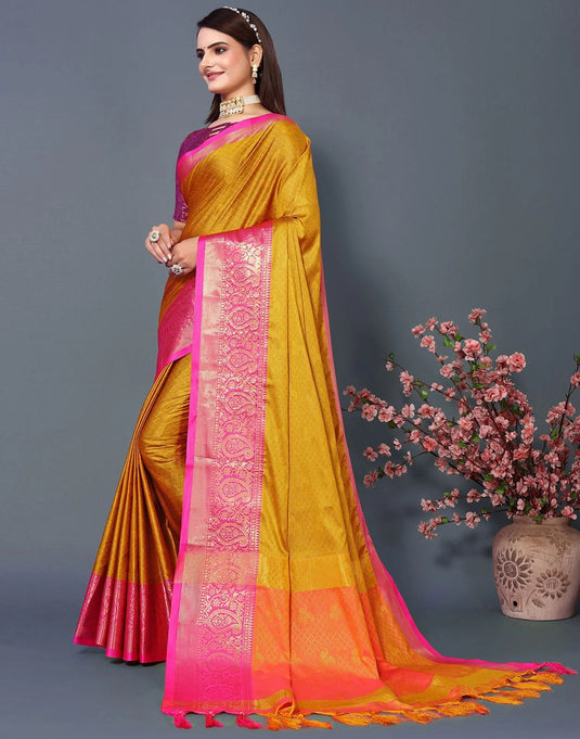 Villagius Jaccard Jaccard Embellished Zari Work Partywear Cotton Silk Gold Colour Rubina_Goldpink Saree