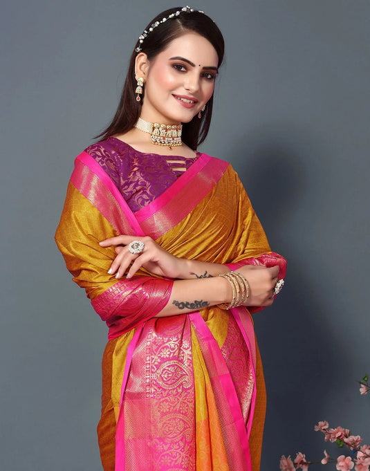 Villagius Jaccard Jaccard Embellished Zari Work Partywear Cotton Silk Gold Colour Rubina_Goldpink Saree