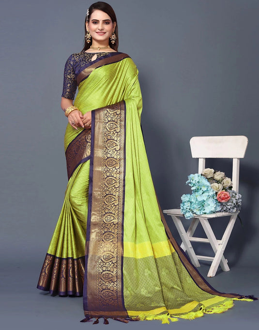 Villagius Jaccard Jaccard Embellished Zari Work Partywear Cotton Silk Lime Colour Rubina_Lemonnavy Saree