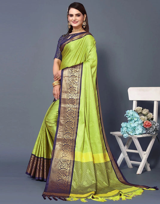 Villagius Jaccard Jaccard Embellished Zari Work Partywear Cotton Silk Lime Colour Rubina_Lemonnavy Saree