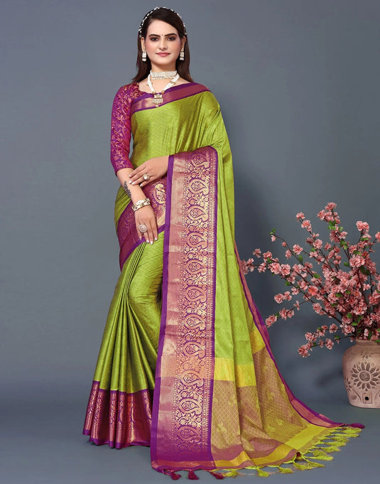 Villagius Jaccard Jaccard Embellished Zari Work Partywear Cotton Silk Lime Colour Rubina_Lemonpurple Saree