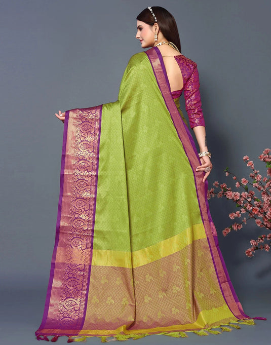 Villagius Jaccard Jaccard Embellished Zari Work Partywear Cotton Silk Lime Colour Rubina_Lemonpurple Saree