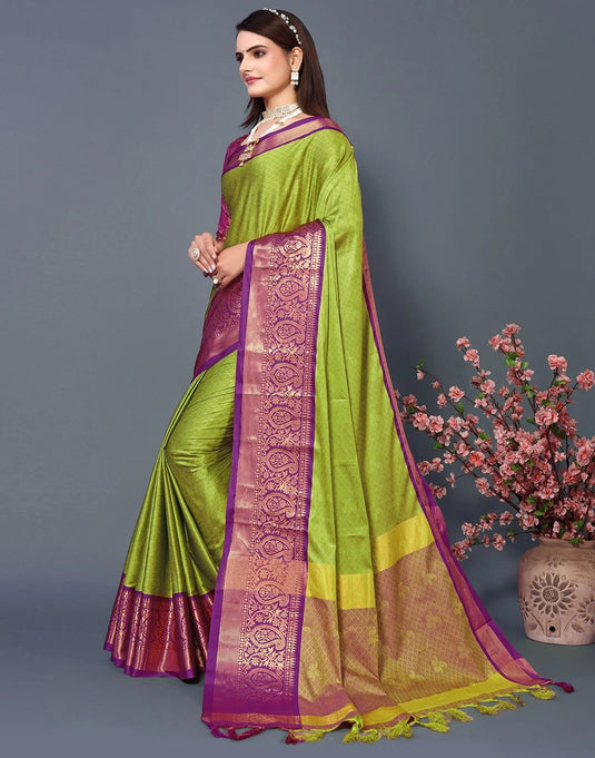 Villagius Jaccard Jaccard Embellished Zari Work Partywear Cotton Silk Lime Colour Rubina_Lemonpurple Saree