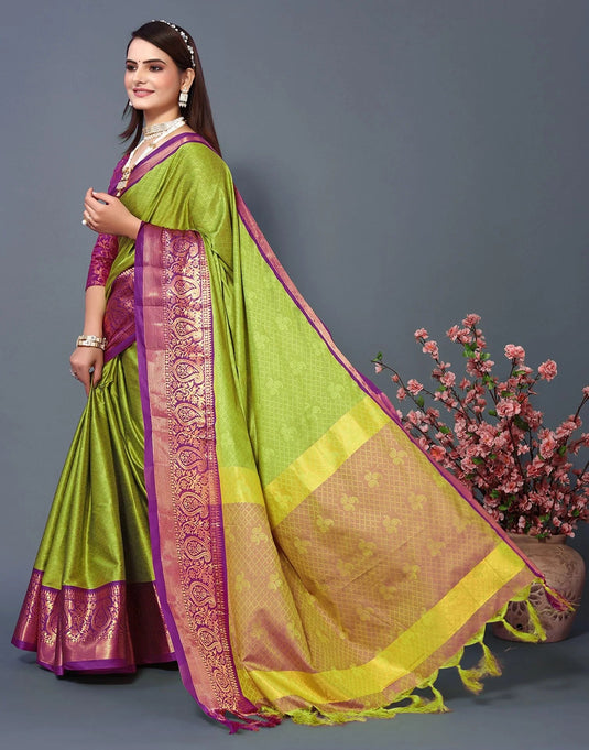 Villagius Jaccard Jaccard Embellished Zari Work Partywear Cotton Silk Lime Colour Rubina_Lemonpurple Saree