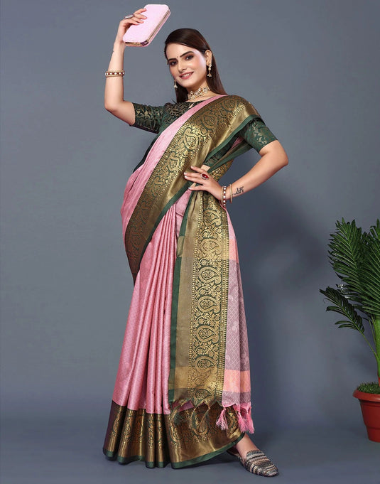 Villagius Jaccard Jaccard Embellished Zari Work Partywear Cotton Silk Peach Colour Rubina_Peachbgreen Saree