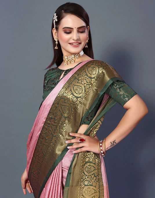 Villagius Jaccard Jaccard Embellished Zari Work Partywear Cotton Silk Peach Colour Rubina_Peachbgreen Saree